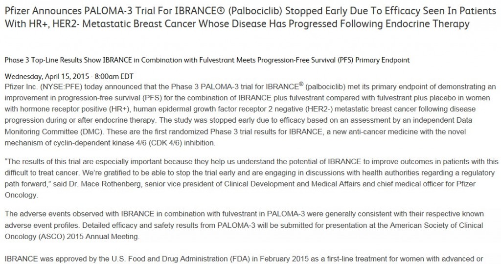 乳がん　サイクリン依存性キナーゼ4/6阻害薬palbociclib第3相試験が成功　早期終了