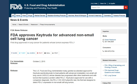 非小細胞肺がん　米国FDA　PD-1抗体ペムブロリズマブ（キイトルーダ）承認