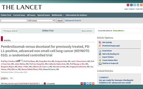 非小細胞肺がん 免疫チェックポイント阻害薬PD-1抗体ペムブロリスマブ（キイトルーダ） 生存期間を延長 Lancet