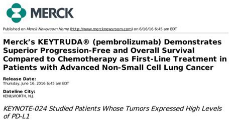 非小細胞肺がん 免疫チェックポイント阻害剤ペムブロリズマブ（キイトルーダ） 初回治療として生存期間を延長
