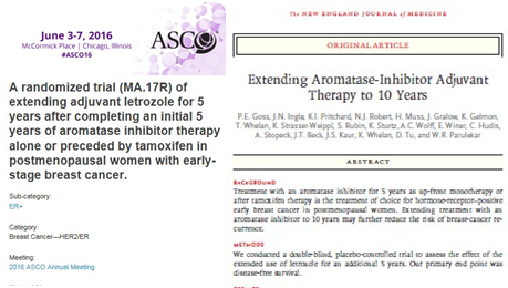ホルモン受容体陽性閉経後乳がん 術後補助療法 アロマターゼ阻害薬10年間投与することにより再発リスクを低減 ASCO2016