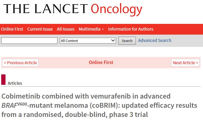 BRAF V600変異陽性悪性黒色腫 初回治療にベムラフェニブ＋コビメチニブが有効性示唆 The Lancet Oncol