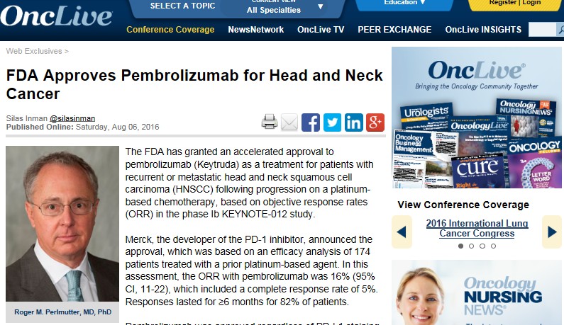 頭頸部がん FDA（米国） 免疫チェックポイント阻害薬キイトルーダ 迅速承認 PD-1抗体として初