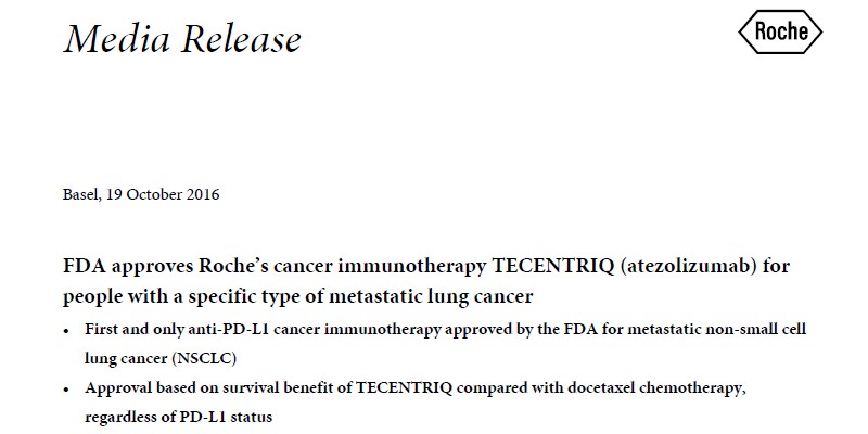 非小細胞肺がん FDA（米国） 二次治療としてPD-L1抗体アテゾリズマブ承認～オプジーボ、キイトルーダに続く免疫チェックポイント阻害薬登場～