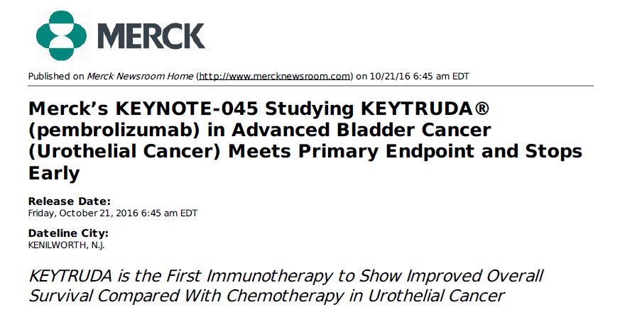 進行膀胱がん 免疫チェックポイント阻害薬キイトルーダ 生存期間を延長 DMCは早期有効中止推奨