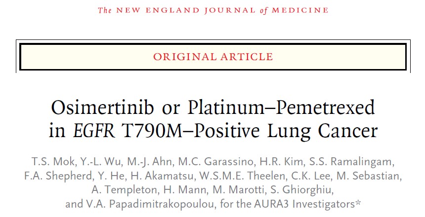 非小細胞肺がん T790M遺伝子変異陽性にてタグリッソが化学療法を上回る成績 NEJM