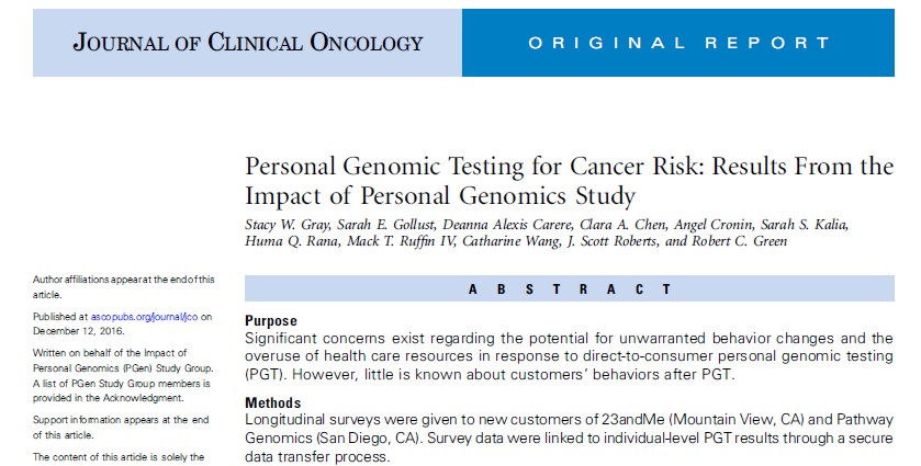 23andMeなどの個別遺伝子検査でがんリスクが発見された顧客の意識・行動調査～健康意識の改善は促せず～　JCO