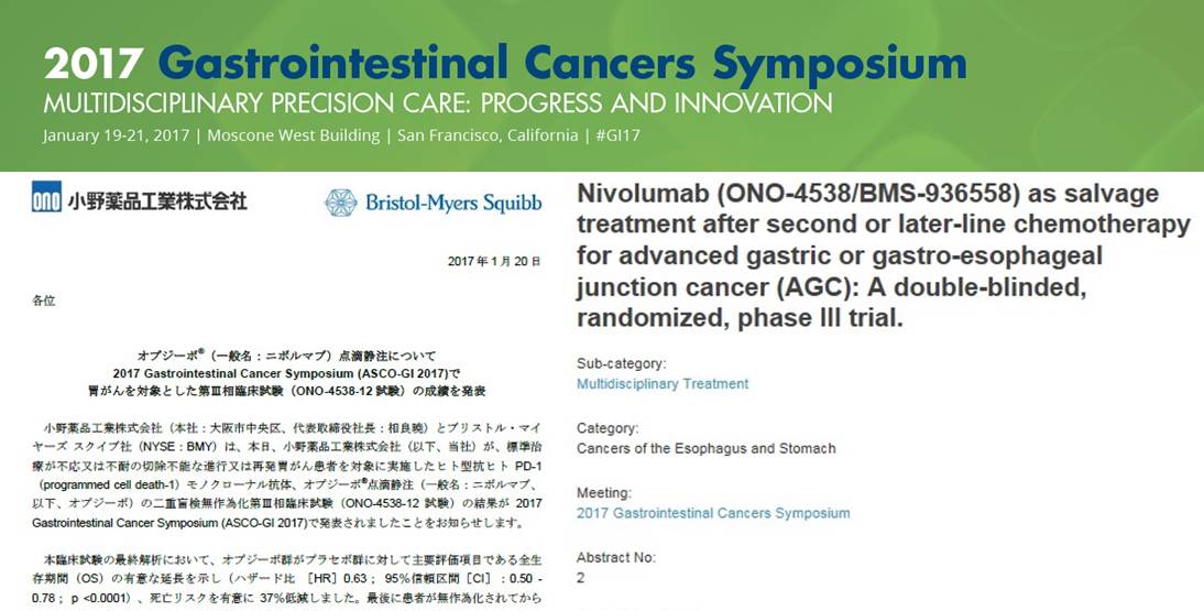 進行胃がん 3次治療以降としてオプジーボが有望 ASCO-GI2017 | がん